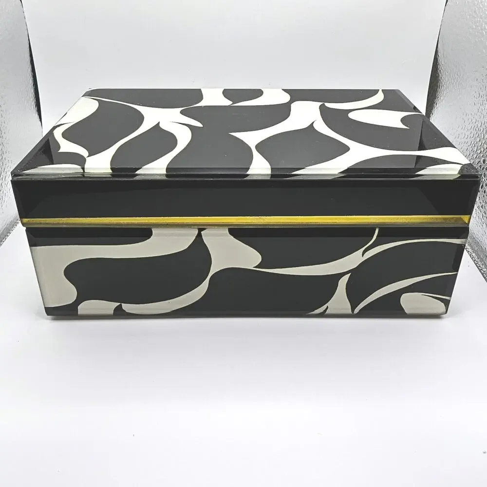 Trina Turk Mirror Print Jewelry Trinket Box Black White Wave Design Gold Trim